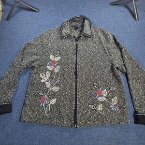 T & Company Embroidered Zip Front Jacket Charcoal Black Floral Embellished L